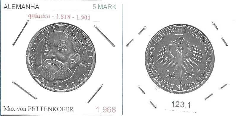 Alemanha - - 5 Mark - 1968-D - - Max von Pettenkofer -- Moeda de Prata