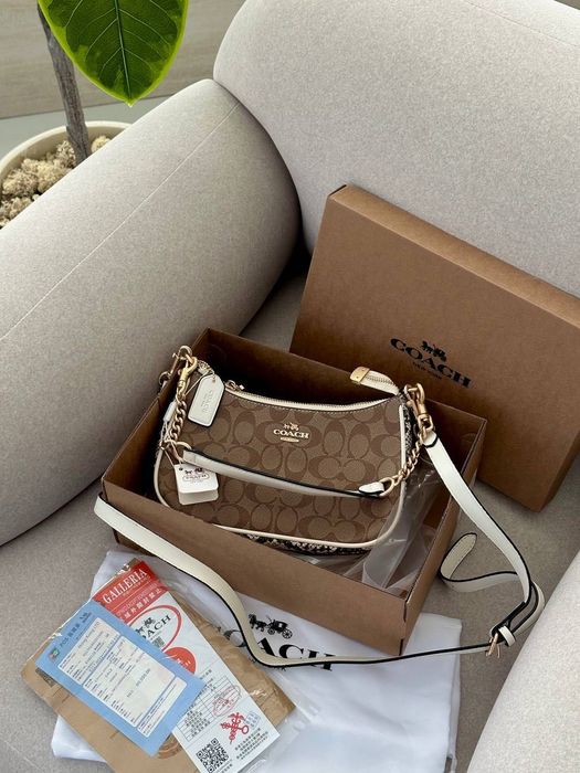 Сумка Coach / сумочка коач коуч коричнева біла