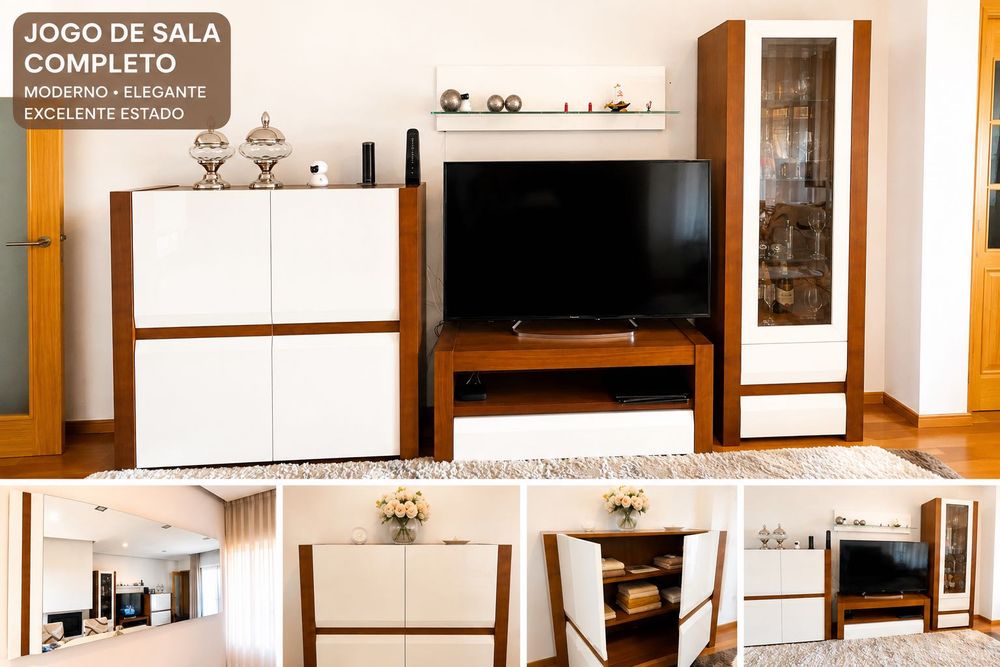Jogo de Sala Completo Moderno | Madeira Maciça | Excelente Estado | €500 Negociáveis