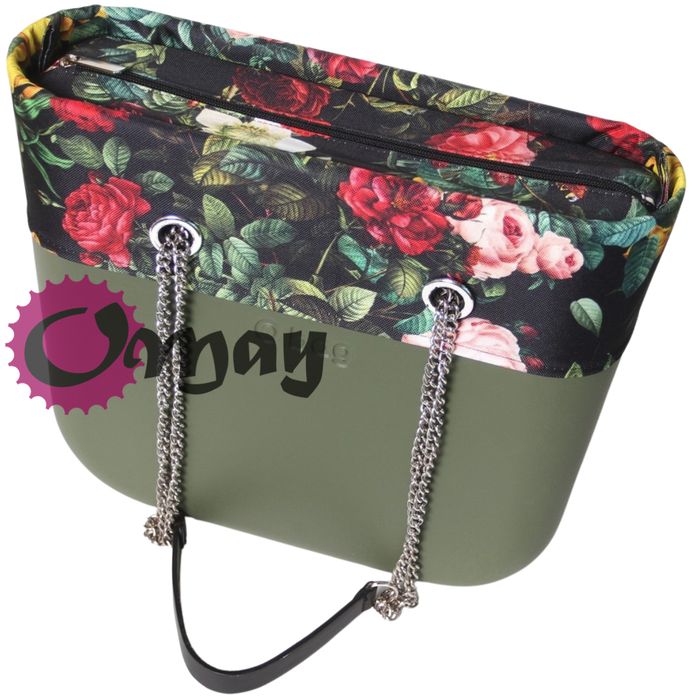 Czarny organizer do OBAG MINI +OPASKA róże kwiaty ogród wkład OMAY