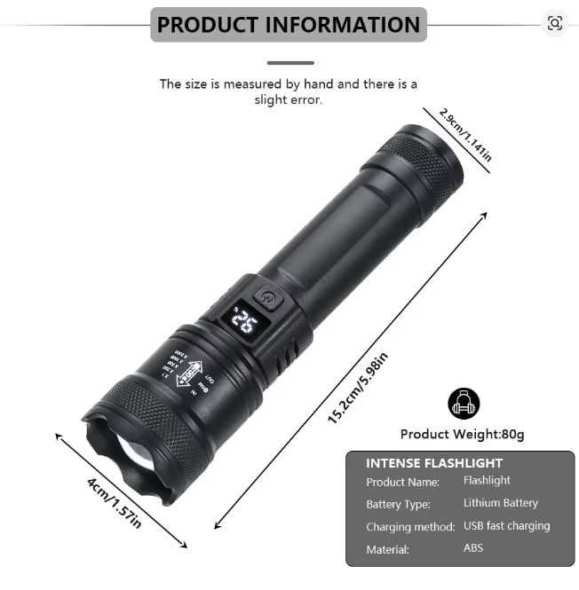 Lanterna LED potente c/ zoom – USB‑C, 3 modos (SOS) e visor bateria - Portes gratuitos