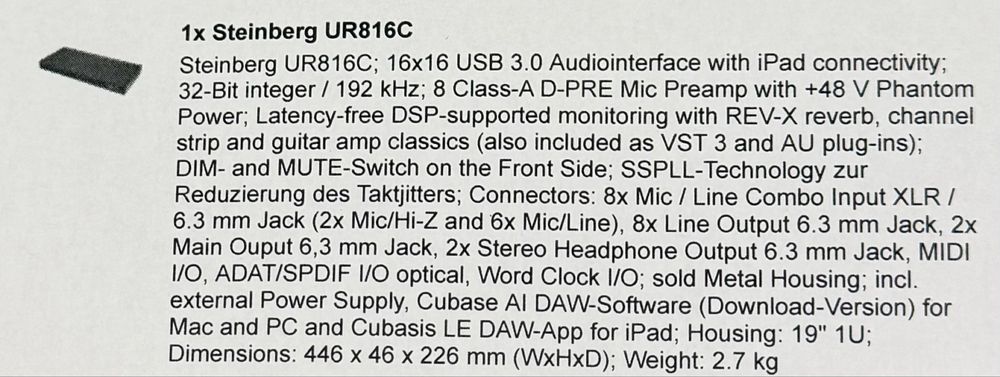 Interface Steinberg UR816C