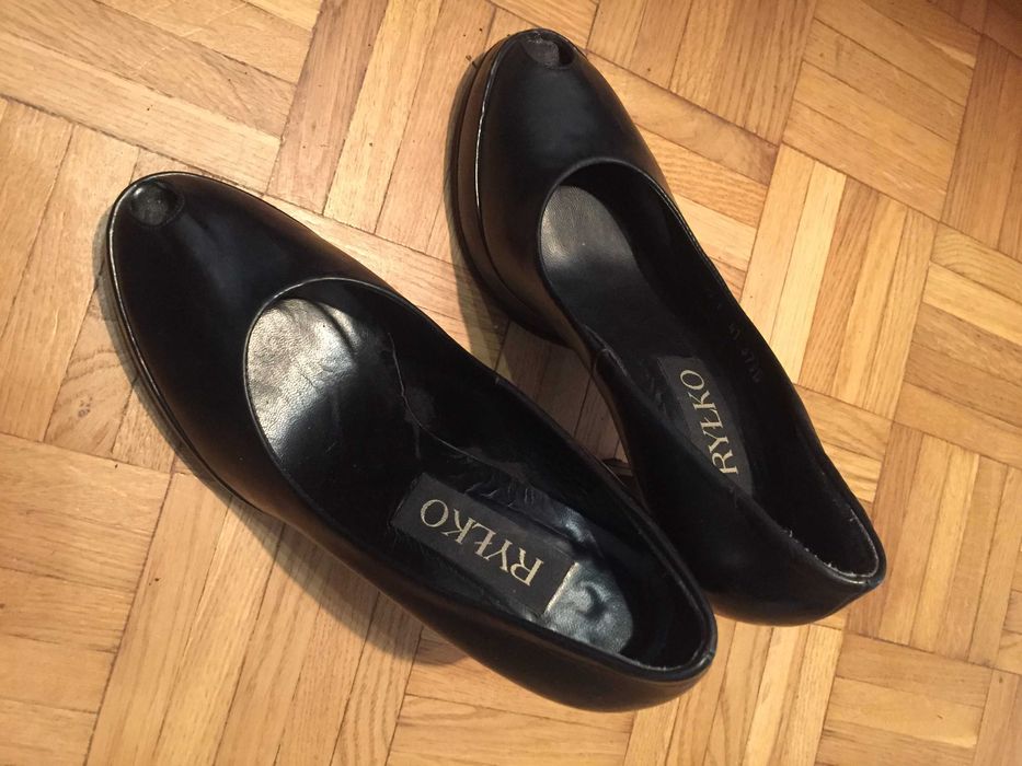 czarne skórzane szpilki na platformie, 37,5