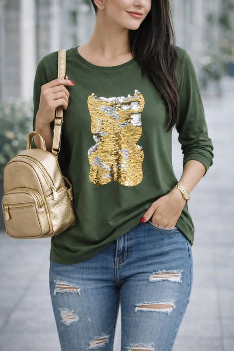 Bluzka khaki z aplikacja mis cekiny