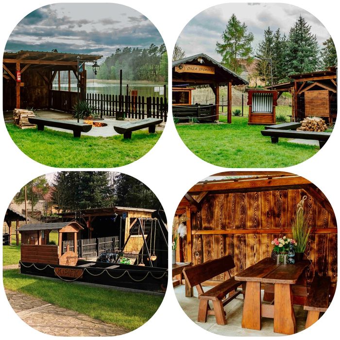 Domek nad jeziorem z jacuzzi, sauną i strefą masażu .