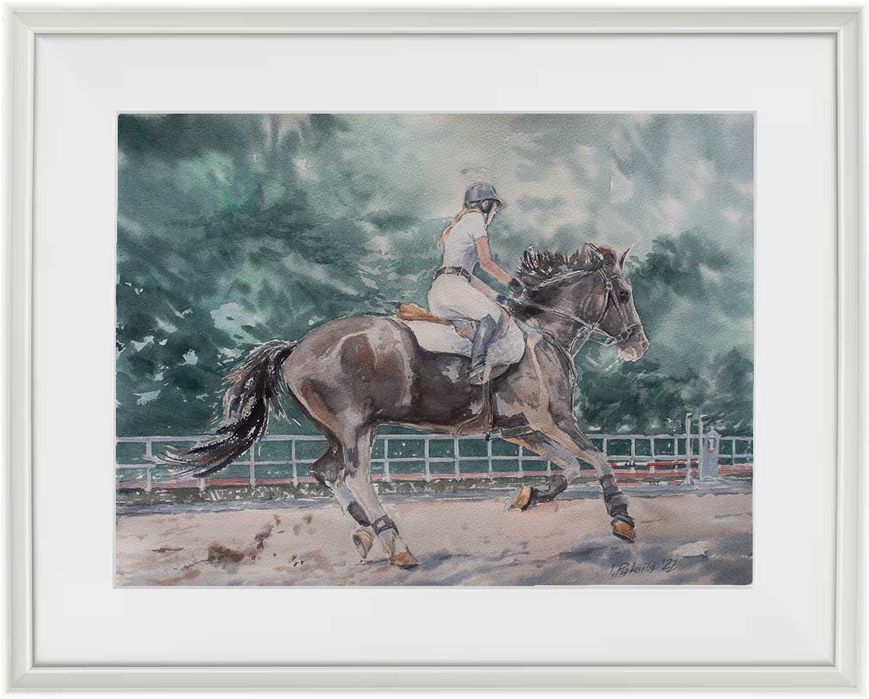 Obraz akwarela autorska_Koń, jazda konna, 31x41cm, oryginał_rezerwacja