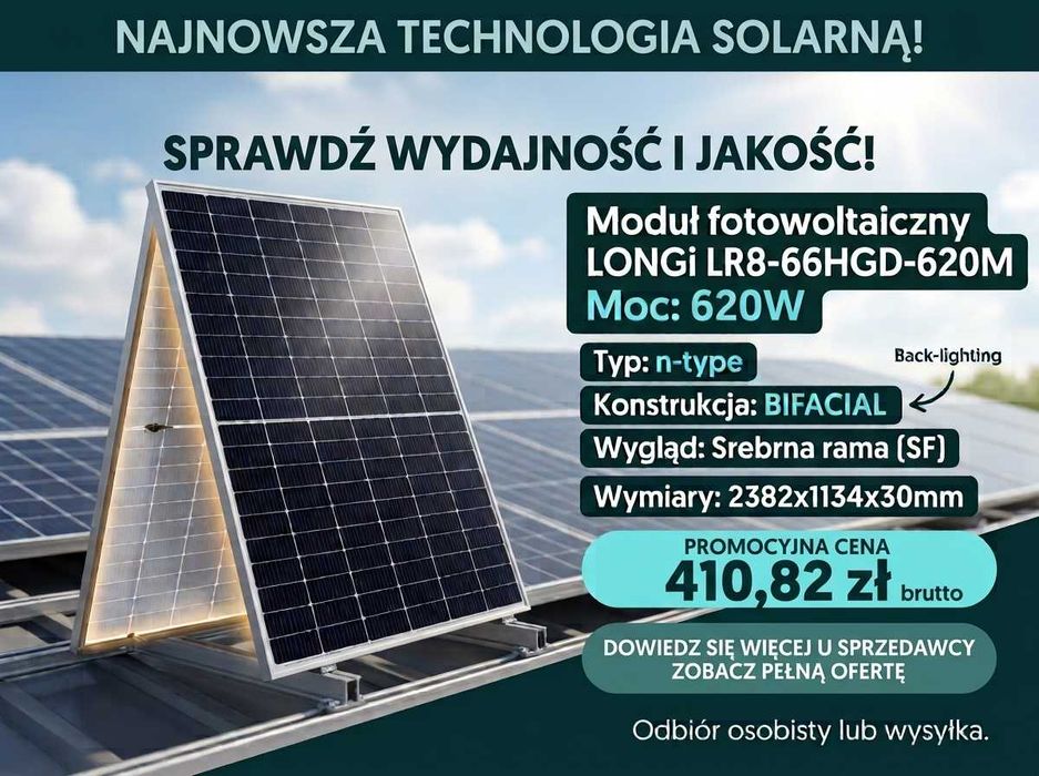 Panel Słoneczny Moduł fotowoltaiczny LONGi LR8-66HGD-620M 620W SF 410,82 zł Brutto!!