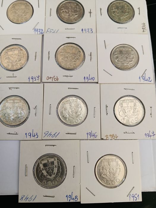 Colecção completa de moedas de 5 escudos, prata, caravelas