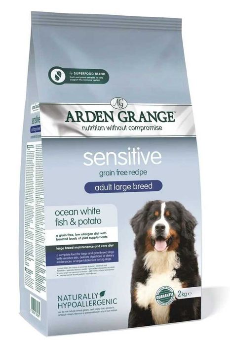 Сухий беззерновий корм Arden Grange Sensitive Adult Large Breed Ocean White Fish and Potato - для собак великих порід, з білою рибою та картоплею 12 к