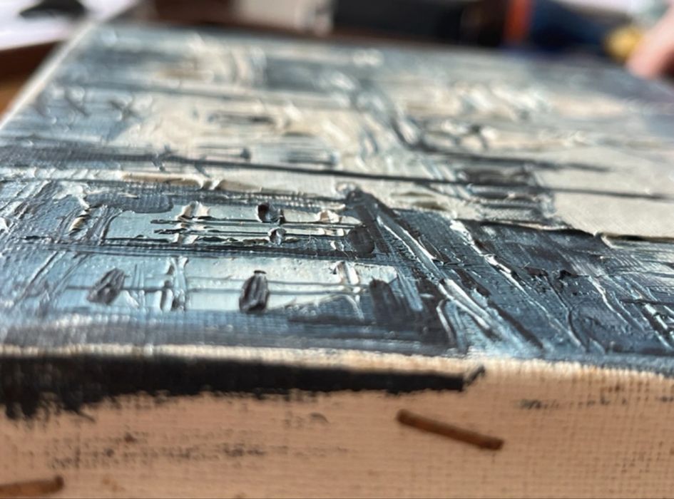 Quadro vintage pintura óleo espátula tons azuis estilo europeu