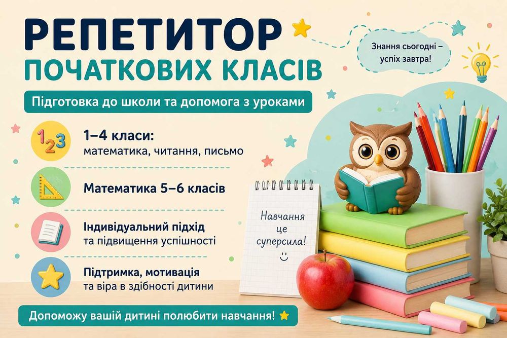 Репетитор початкових класів і математики  5-6 класів.