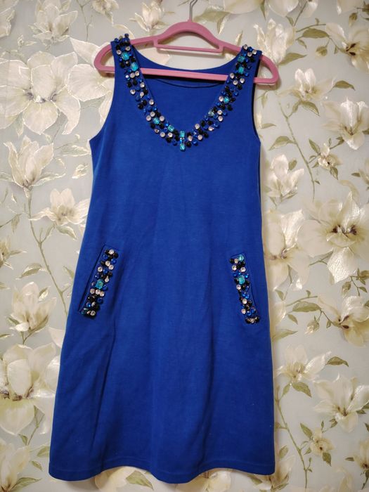 Сарафан теплый вязанный с камнями и карманами 48р