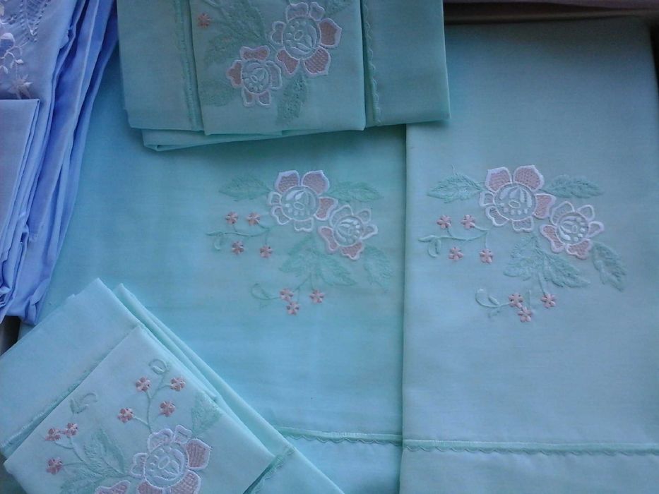 LENÇÓIS de LINHO Bordados, Cama Solteiro, VERDE Marinho Claro- NOVOS!