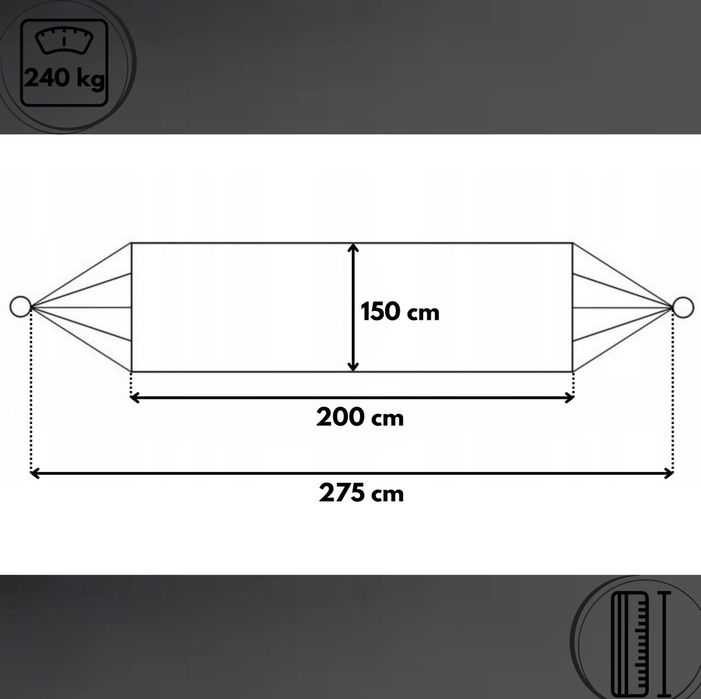 Hamak ogrodowy dwuosobowy boho 275x150 cm, 240 kg, szary + torba
