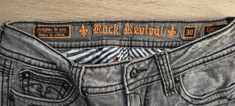 Jeansy Rock Revival Davina Skinny Szare Y2K Grunge Thick Stitch Kryształki R. 30
