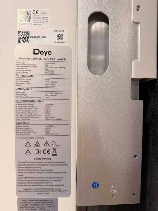Гибридный инвертор Deye SUN-6K-SG05LP1-EU-AM2-P, 48 В, 6000 Вт, 1 фаза (бесперебойник, UPS, ИБП)