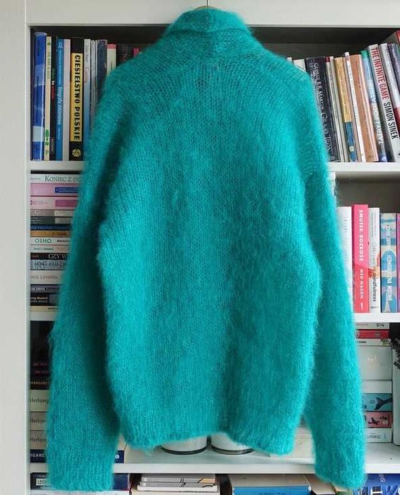 Styled by Dominique szmaragdowy morski kardigan 80% moher handmade cud