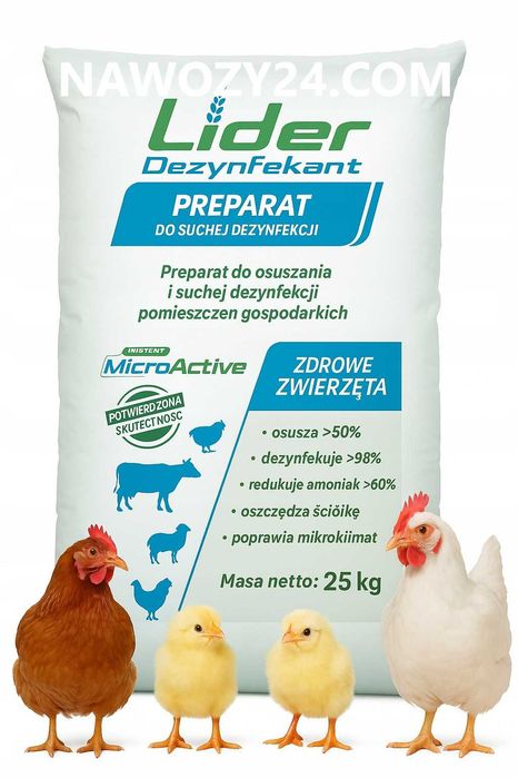 Dezynfekant,, osusza kurnik, redukuje zapach, ogranicza bakterie 25kg