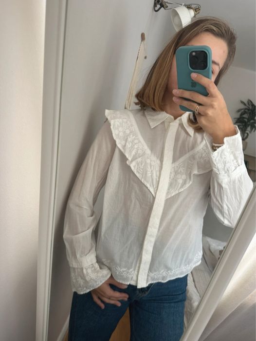 Koszula biała długi rękaw hafty bawełna falbanki boho Reserved xs