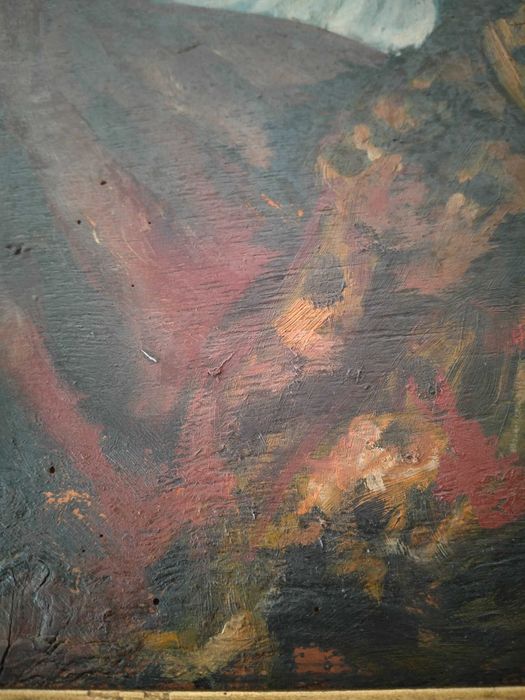 Stary obraz olejny w złotej ramie, anioł i kobieta (60x110cm)