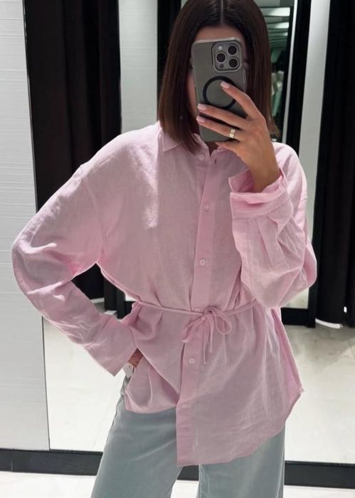 Лляна сорочка з поясом Zara рубашка