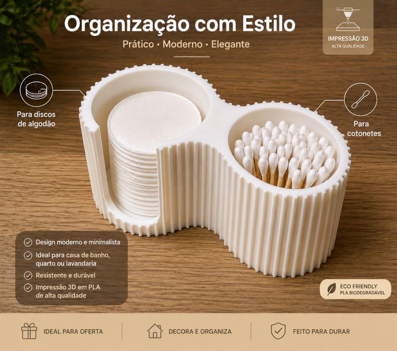 Organizador de Algodão e Cotonetes | Impressão 3D | Casa de Banho Moderna
