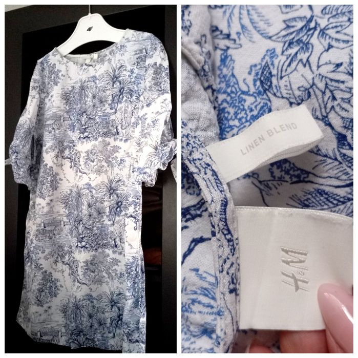 H&M M-L linen blend naturalna prosta biało-niebieska sukienka