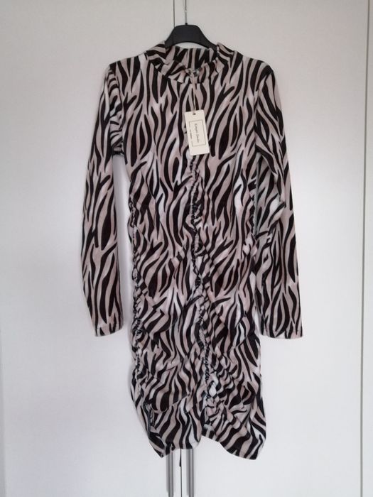 Nowa sukienka welurowa zebra panterka marszczona s m L xl