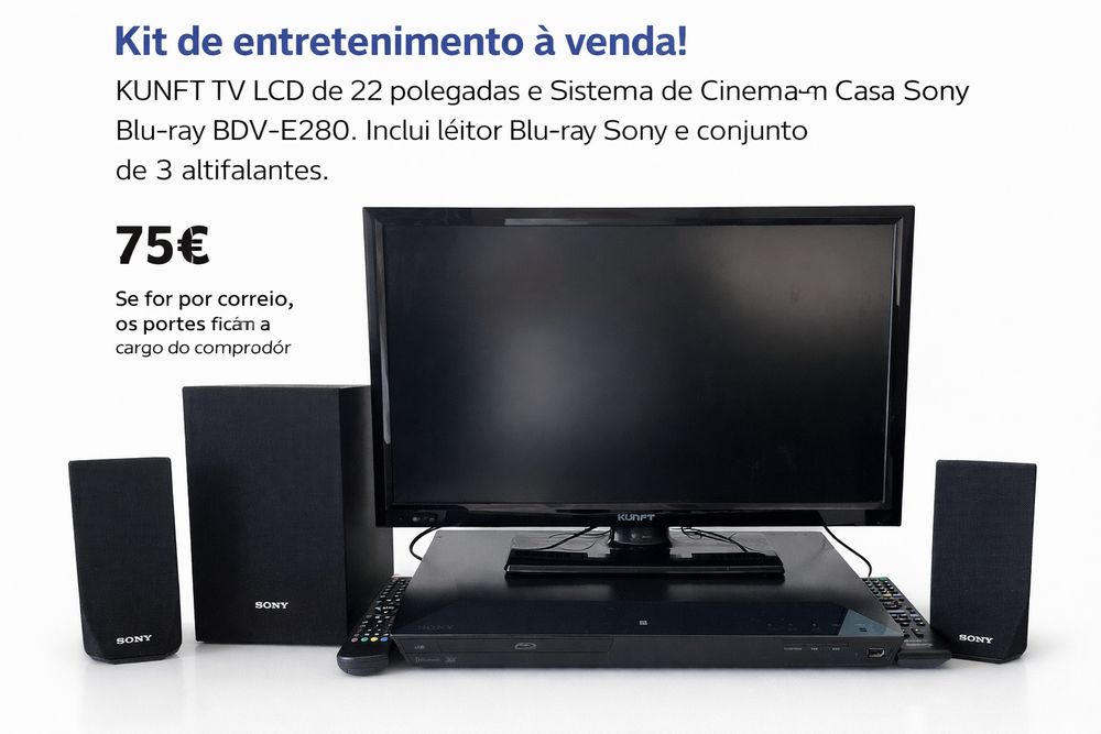 Conjunto TV Kunft + Sistema de Som Sony + Blu‑ray – Tudo a funcionar