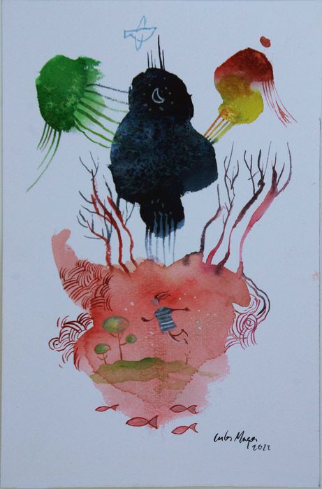 Aguarela original de Carlos Marques. Fantasia, surreal,