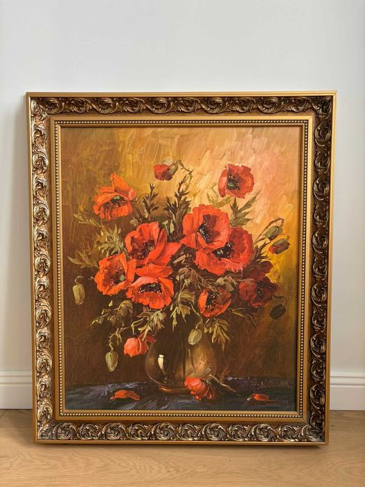 Obraz maki olejny 60x50 w ramie zdobionej
