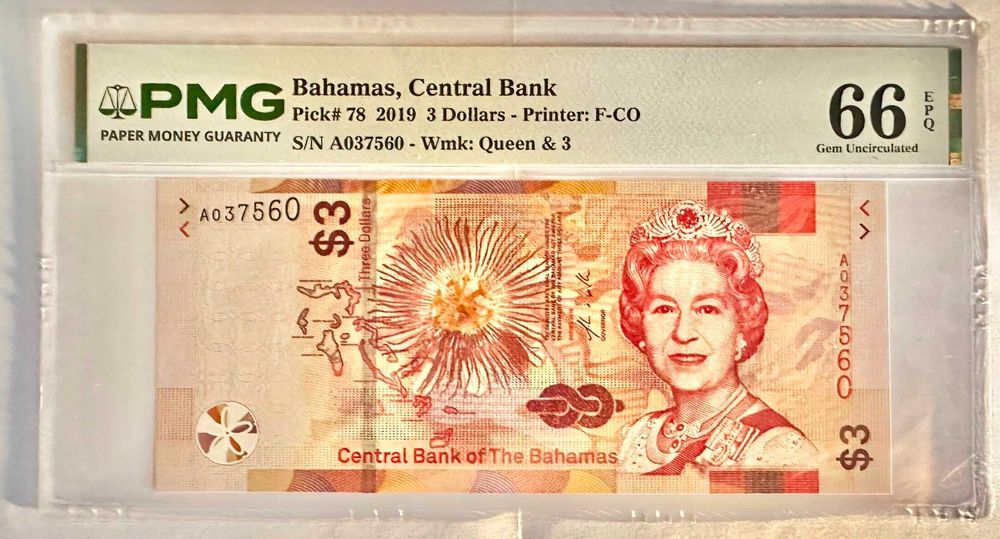 Nota das Bahamas – 3 Dólares 2019 – Pick# 78 (PMG 66 EPQ Gem Unc)