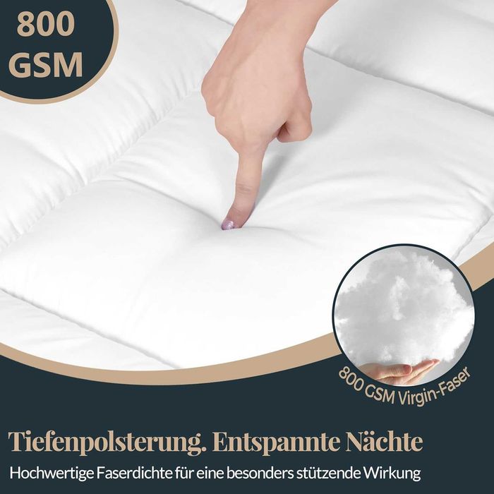 Topper de Colchão 140x200 cm | 5 cm Espessura  800 g/m² Ultra Confortável Hipoalergénico e Lavável Certificação Oeko-Tex Com Elásticos Antiderrapantes