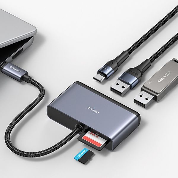Usams Adapter Hub 5w1 USB 2.0/USB 3.0/Usb-c/Tf/Sd szary/dark grey SJ628HUB01 (US-SJ628)