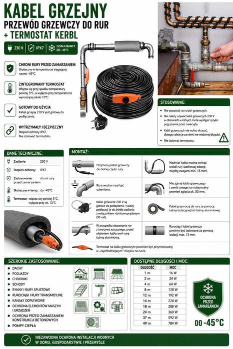 Kabel grzejny, przewód grzewczy do rur + termostat KERBL