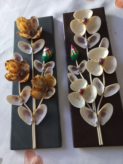 Artesanato,  dois quadros feitos com conchas e búzios. Muito  originais .impecáveis