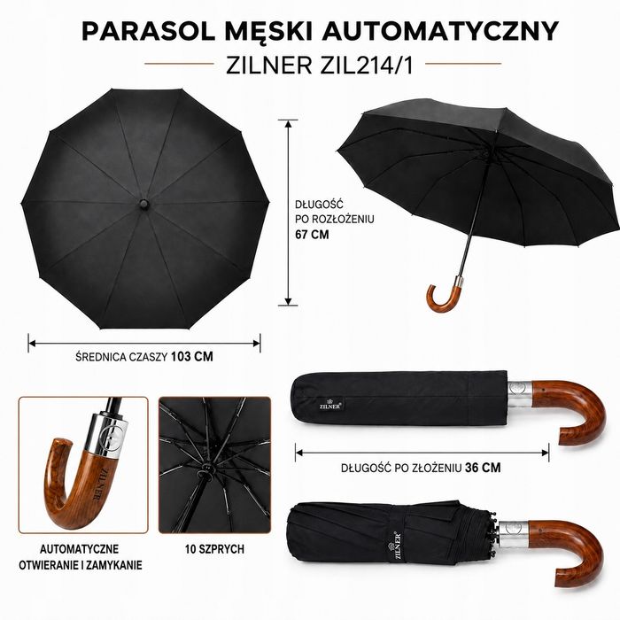 Duży Parasol Męski Automatyczny Składany ZILNER Czarny 103 cm ZIL214/1