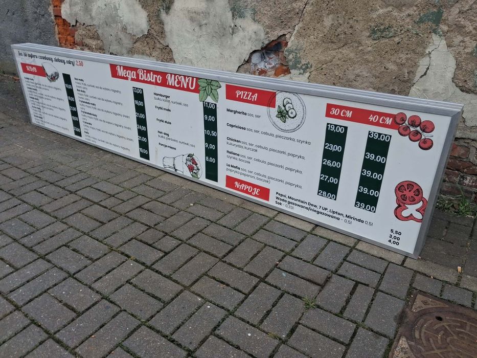 2x duża tablica reklamowa Mega Bistro – szyld Kebab Pizza Pepsi
