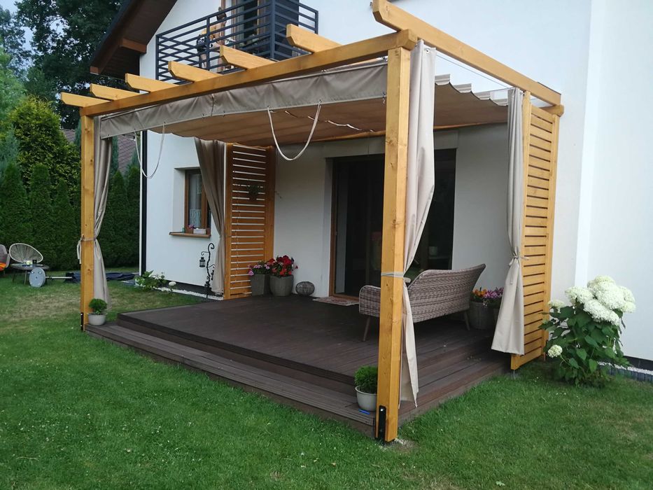 Zadaszenie materiałowe, roleta rzymska, pergola, żagiel, zasłony