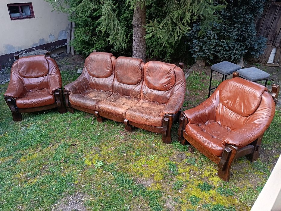 Zestaw Wypoczynkowy sofa i 2 fotele SKÓRA BYDLECA