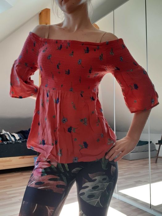 różowa malinowa wiskozowa bluzka hiszpanka odkryte ramiona Sinsay XL