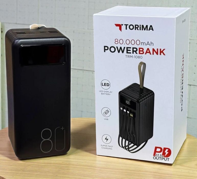 Повербанк Torima TRM-1080 22,5W 80000 mAh, з ліхтариком 3 кабелі