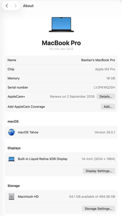 Macbook Pro M3Pro 11C/14C GPU/18G/512G    18GB memory, 512GB HDD Space Black AppleCare