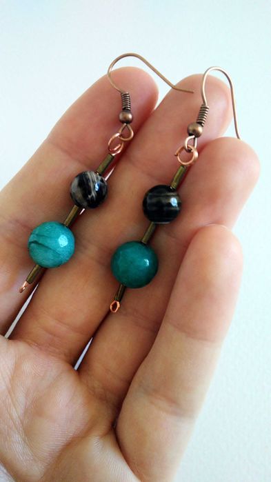 Brincos pendentes cristal ágata azul turquesa
