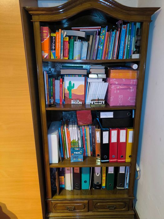 Secretária  cadeira de escritório e estante.