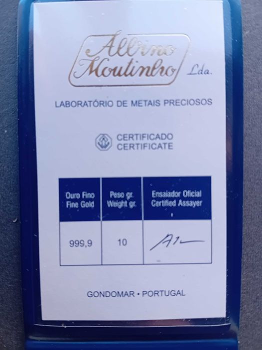 barra 10grs. ouro 999,9 nova  Albino  Moutinho certificada, bom preço