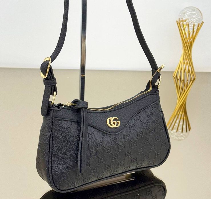 Брендовая жіноча сумка Gucci Aphrodite багет з ремненем на плече чорна шкіряна