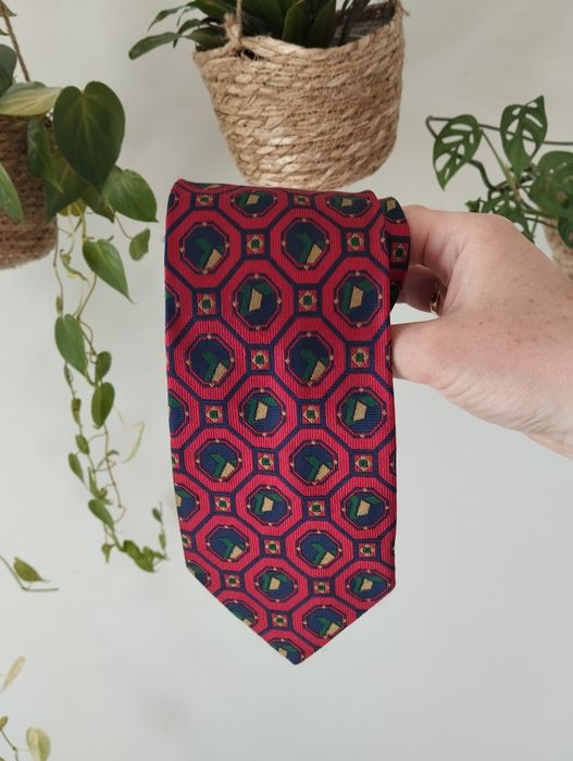 Męski jedwabny krawat 100% silk, kolorowy, czerwony we wzory, kolor wina, 9,5 cm Tibnor