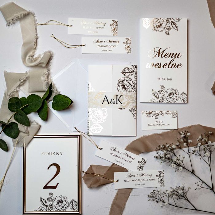 Winietki na stół weselny w stylu GLAMOUR golden rose