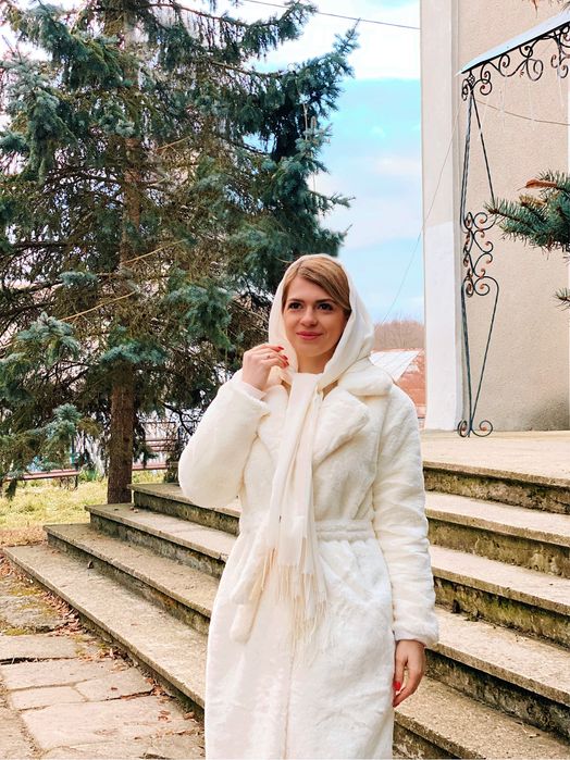 РОЗПРОДАЖ Шуба шубка біла S M з поясом пальто еко зимова штучна L XL